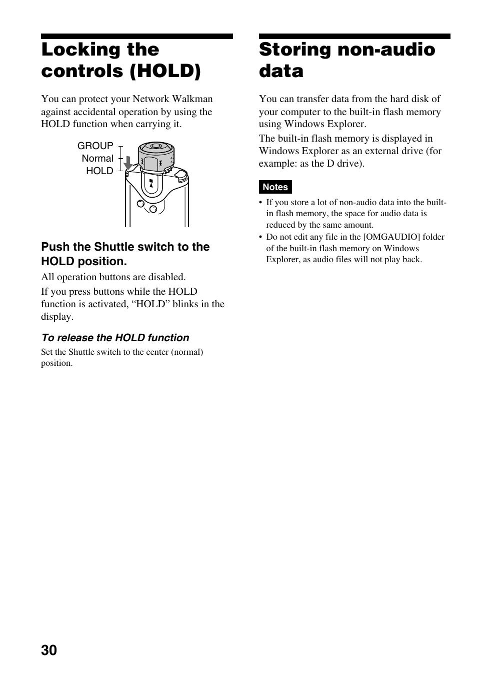 Locking The Controls Hold Storing Non Audio Data Locking The Controls Hold Storing Non Audio Data Sony Nw E407 User Manual Page 30 55
