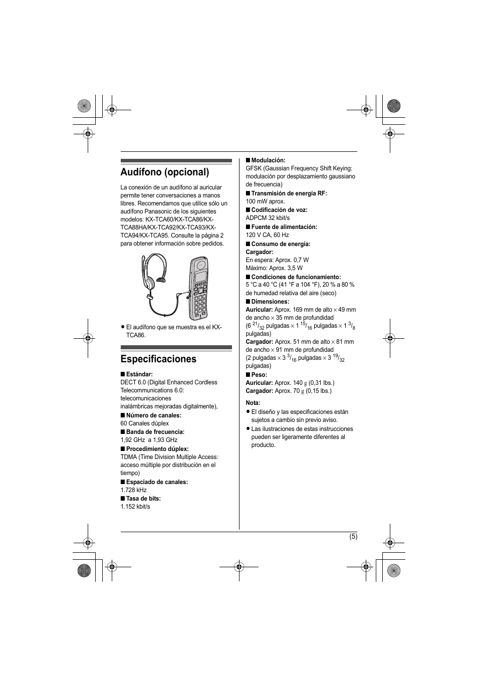 Audífono (opcional), Especificaciones | Panasonic KX-TGA101S User