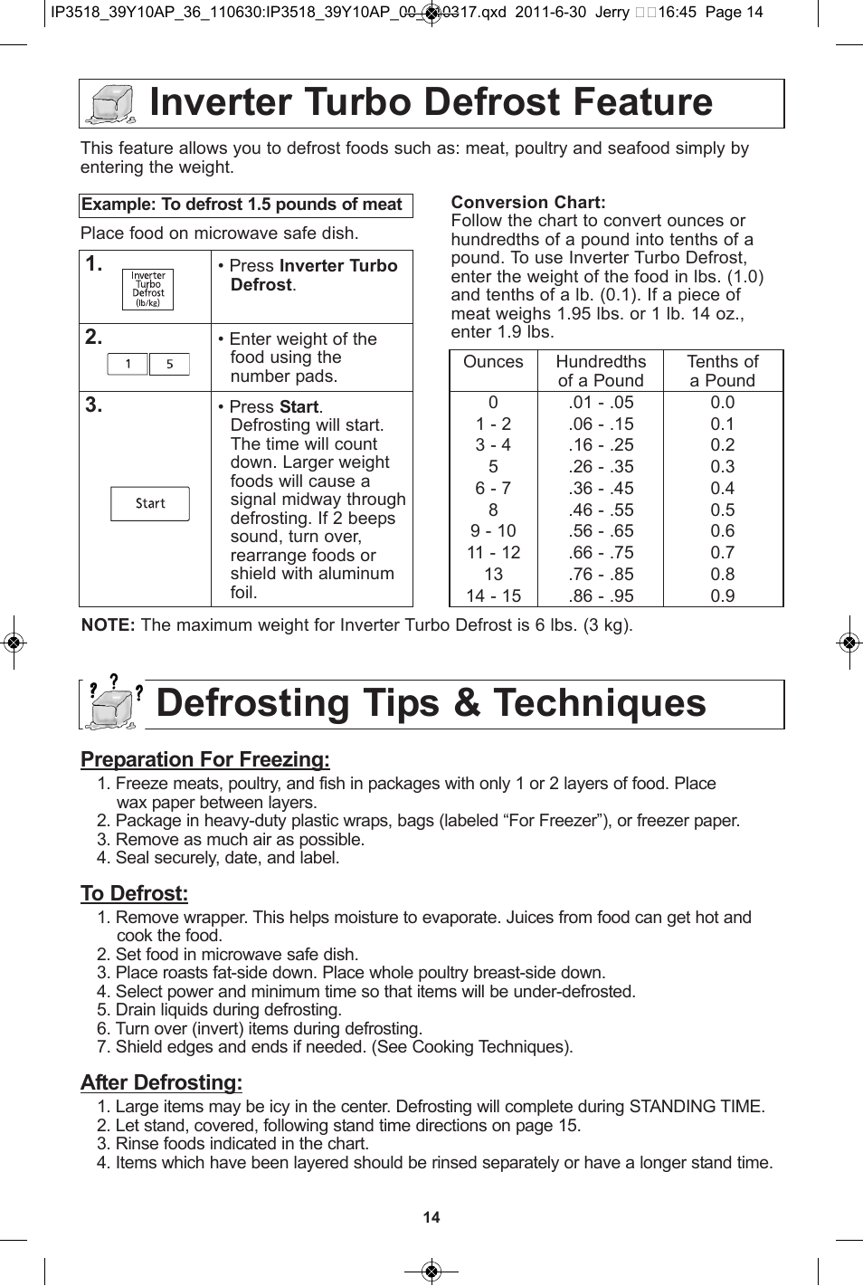 Inverter turbo defrost feature, Defrosting tips & techniques