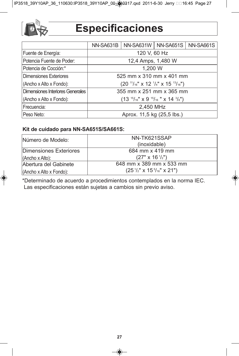 Especificaciones | Panasonic NN-SA651S User Manual | Page 59 / 60