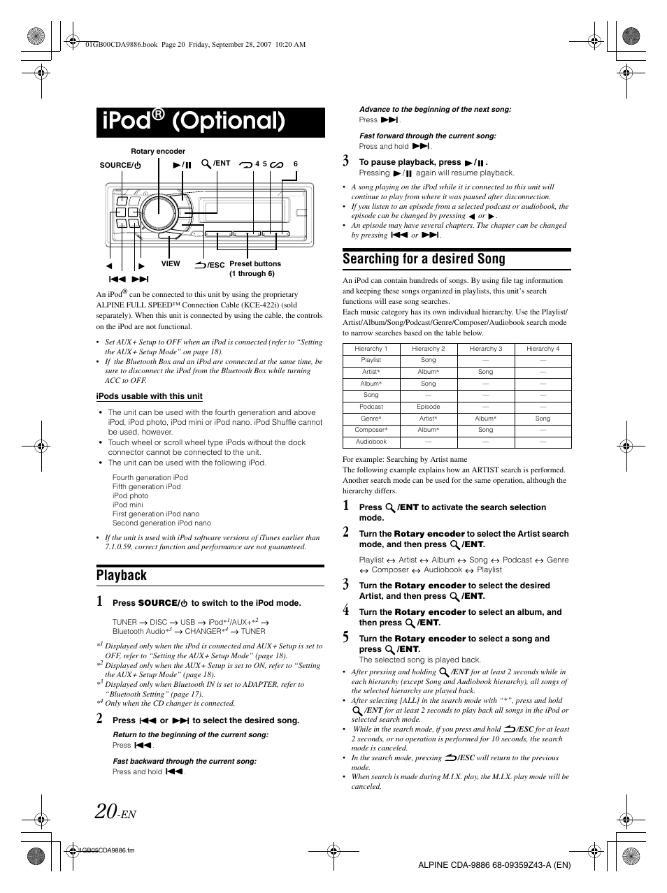 Ipod, Optional), Playback | Alpine cda-9886 User Manual | Page 22 / 88