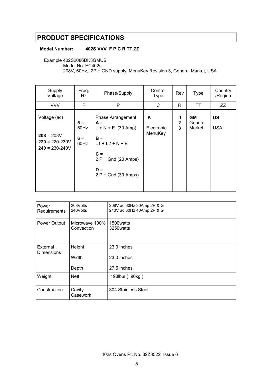 Product specifications | Merrychef 402s User Manual | Page 5 / 51