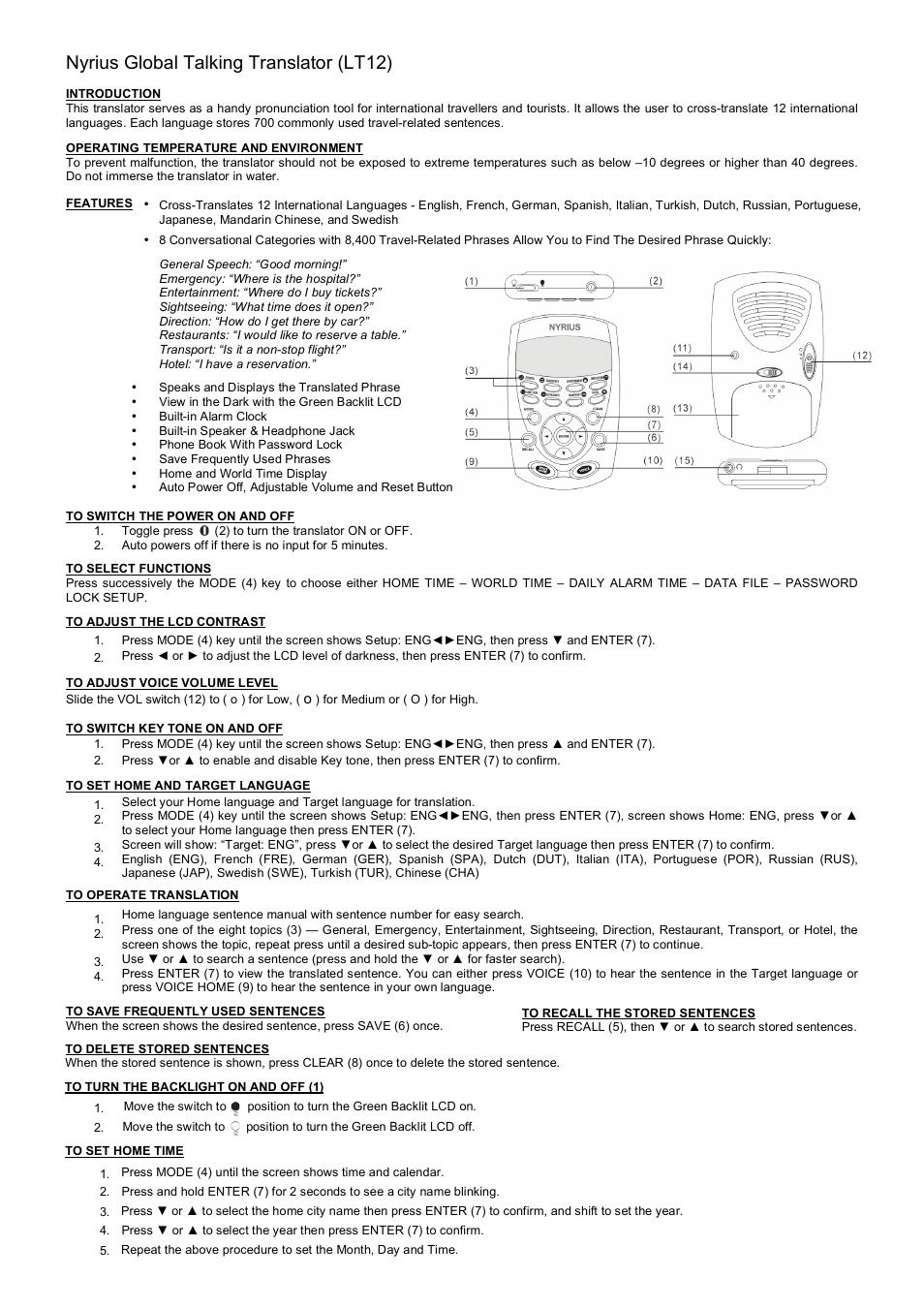 Nyrius Digital Translator User Manual | 8 pages