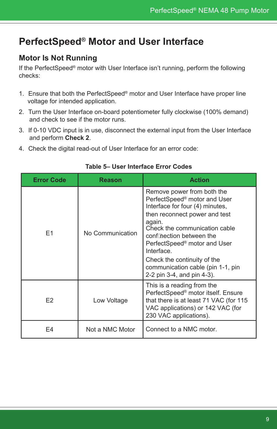 Perfectspeed, Motor and user interface, Motor is not running | Bell & Gossett P2002290A Series e-90 ECM Motor IOM User Manual | Page 11 / 18 Baldor Motor Wiring Diagram Manuals Directory