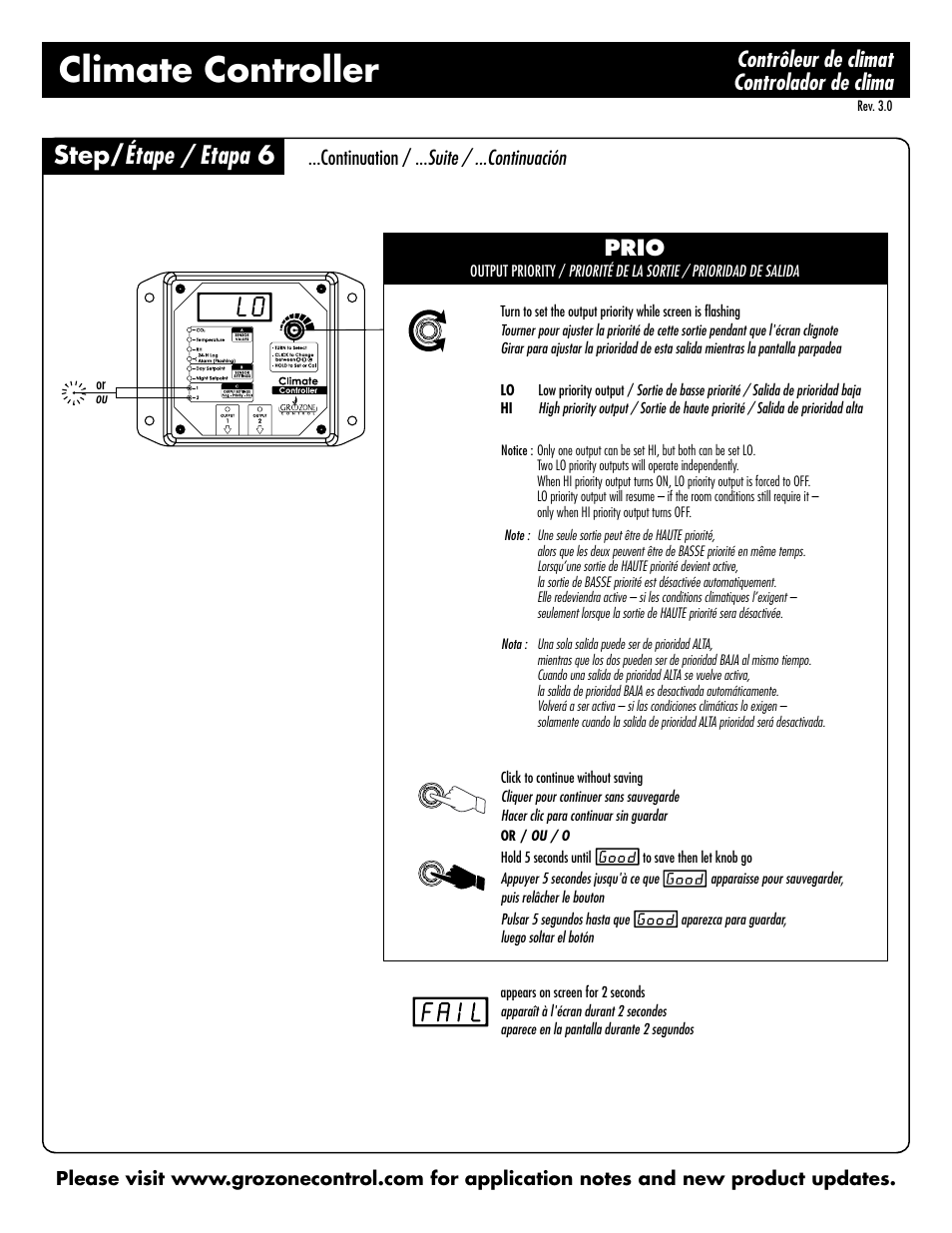 Climate controller, Step/ étape / etapa 6, Contrôleur de climat controlador de clima | Prio, Continuation / ... suite / ...continuación | Sunlight Supply Grozone Control HTC Climate Controller (Temp, rH and CO2) Two Outputs with Digital Display User Manual | Page 7 / 12