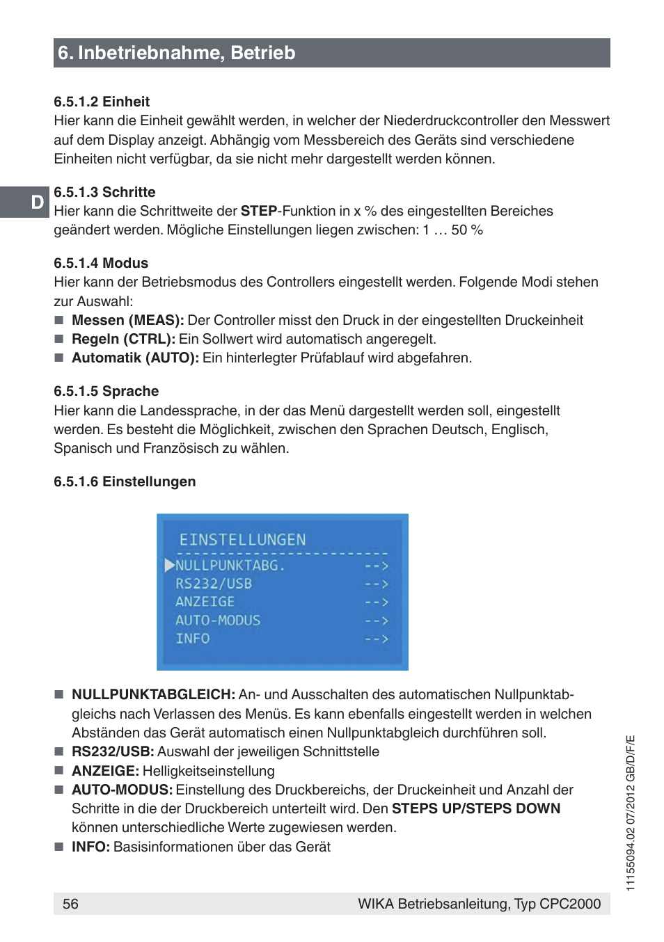 D6. inbetriebnahme, betrieb | WIKA CPC2000 User Manual | Page 56 / 132