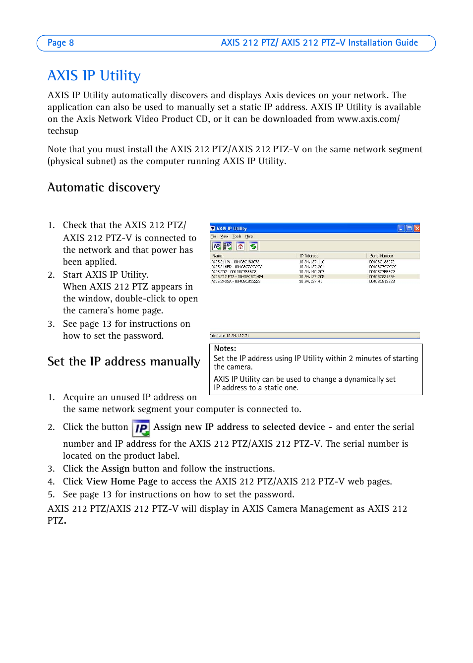 Axis Ip Utility Automatic Discovery Set The Ip Address Manually Axis Communications 212 Ptz V User Manual Page 8 69 Original Mode Axis Ip Utility Automatic Discovery Set The Ip Address Manually Axis Communications 212 Ptz V User Manual Page 8 69 Original Mode