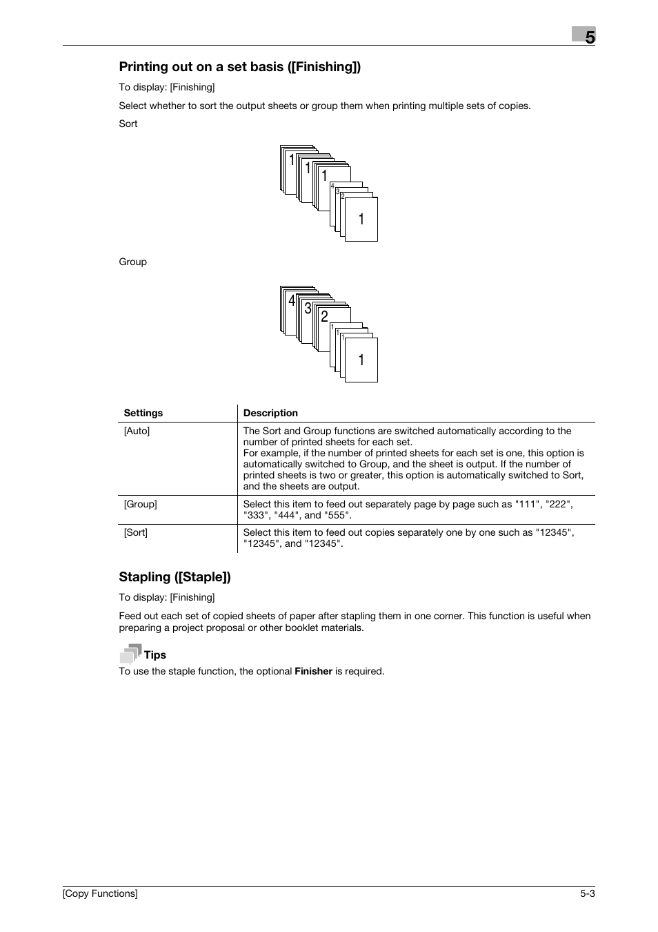 Printing out on a set basis ([finishing]), Stapling ([staple]) | Konica Minolta bizhub 4750 User Manual | Page 23 / 30