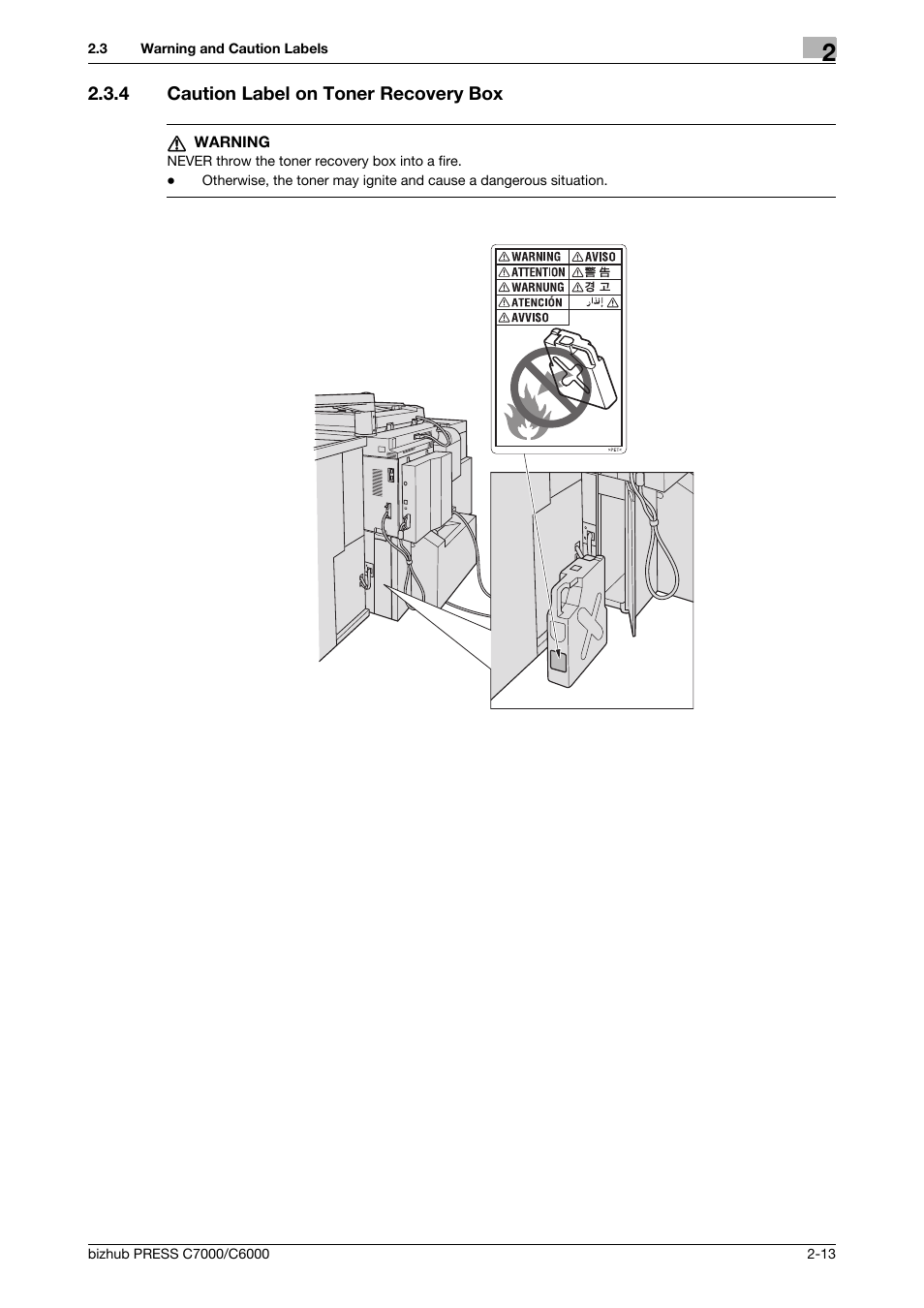 4 caution label on toner recovery box, Caution label on toner recovery box -13 | Konica Minolta bizhub PRESS C6000 User Manual | Page 22 / 42