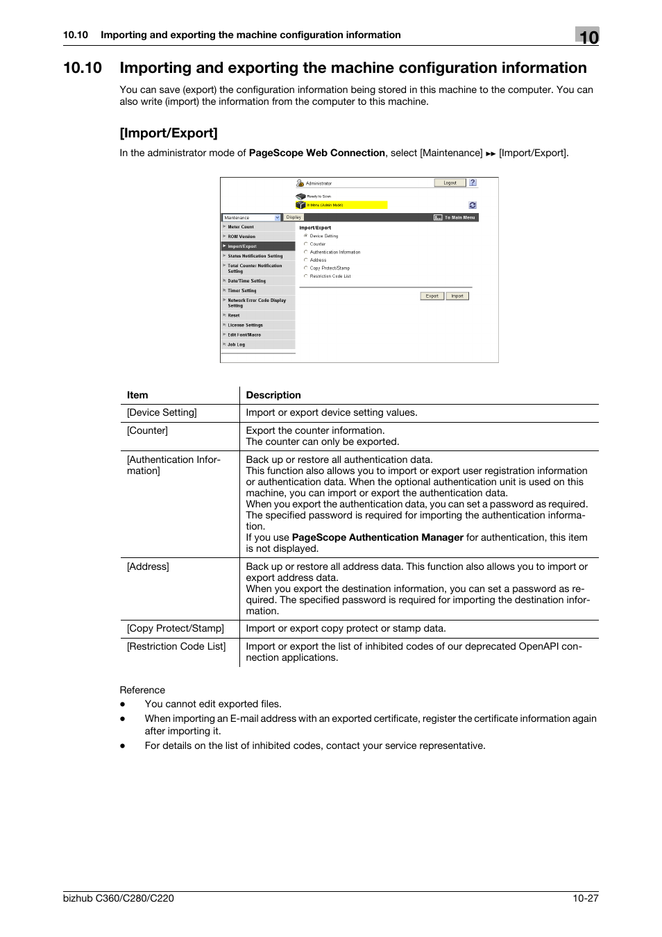 subtle reins Subjective Import/export | Konica Minolta BIZHUB C360 User Manual | Page 219 / 366