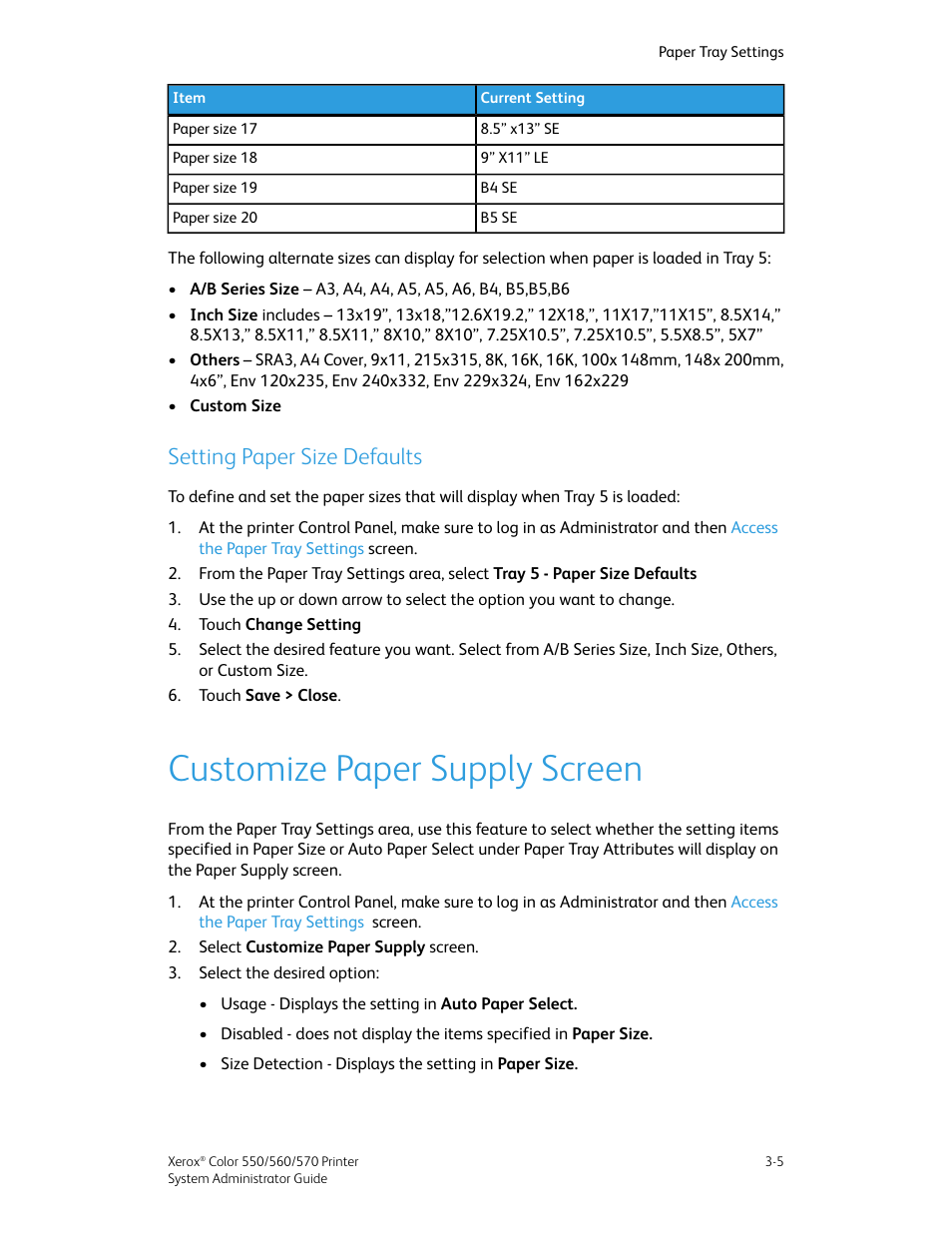 Setting Paper Size Defaults Customize Paper Supply Screen