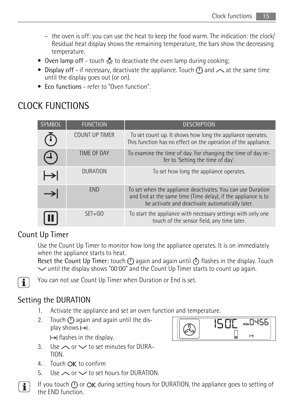 Clock functions, Count up timer, Setting the duration | AEG BE7314401 User Manual Page 15 / 32