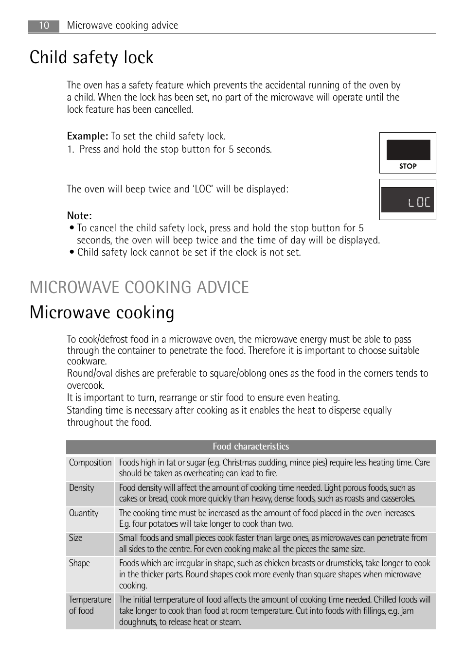 Microwave cooking, Child safety lock, Microwave cooking advice | 10 microwave cooking advice | AEG MC2664E-W User Manual | Page 10 / 36