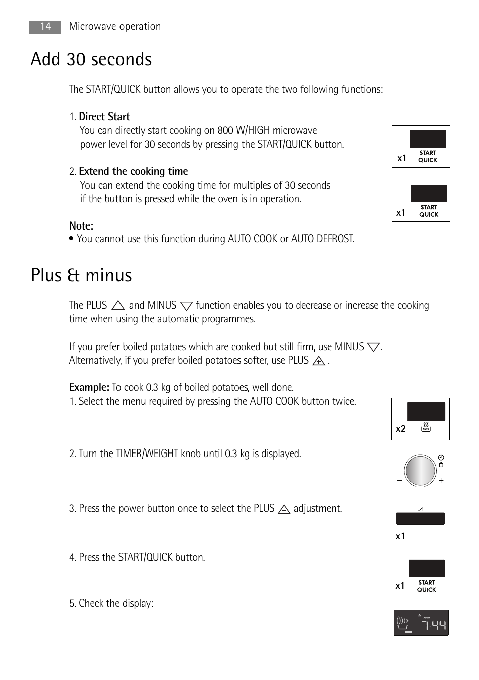 Add 30 seconds, Plus & minus, 14 microwave operation | AEG MC2664E-W User Manual | Page 14 / 36