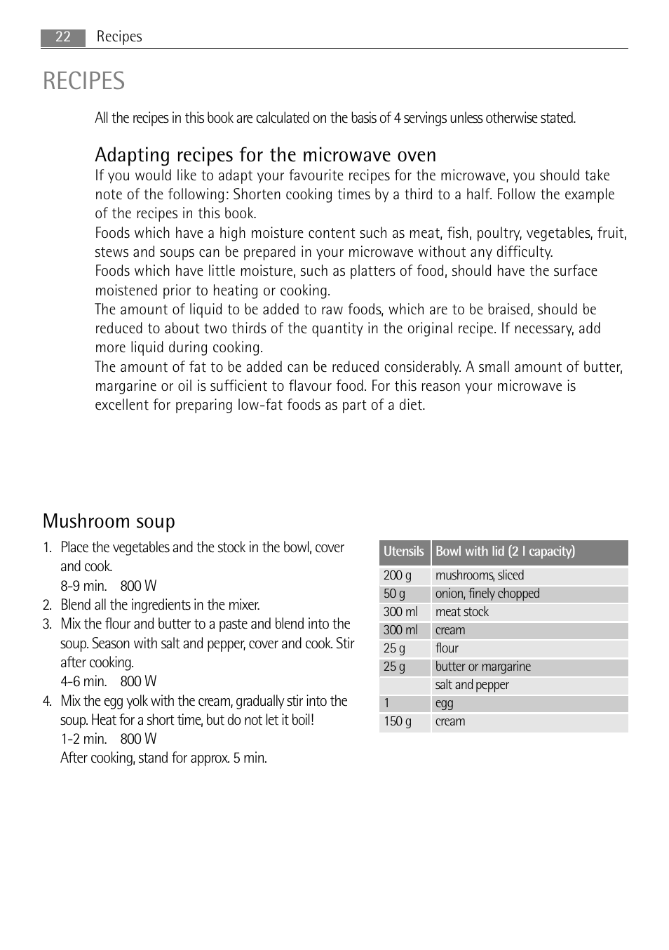 Recipes, Adapting recipes for the microwave oven, Mushroom soup | AEG MC2664E-W User Manual | Page 22 / 36