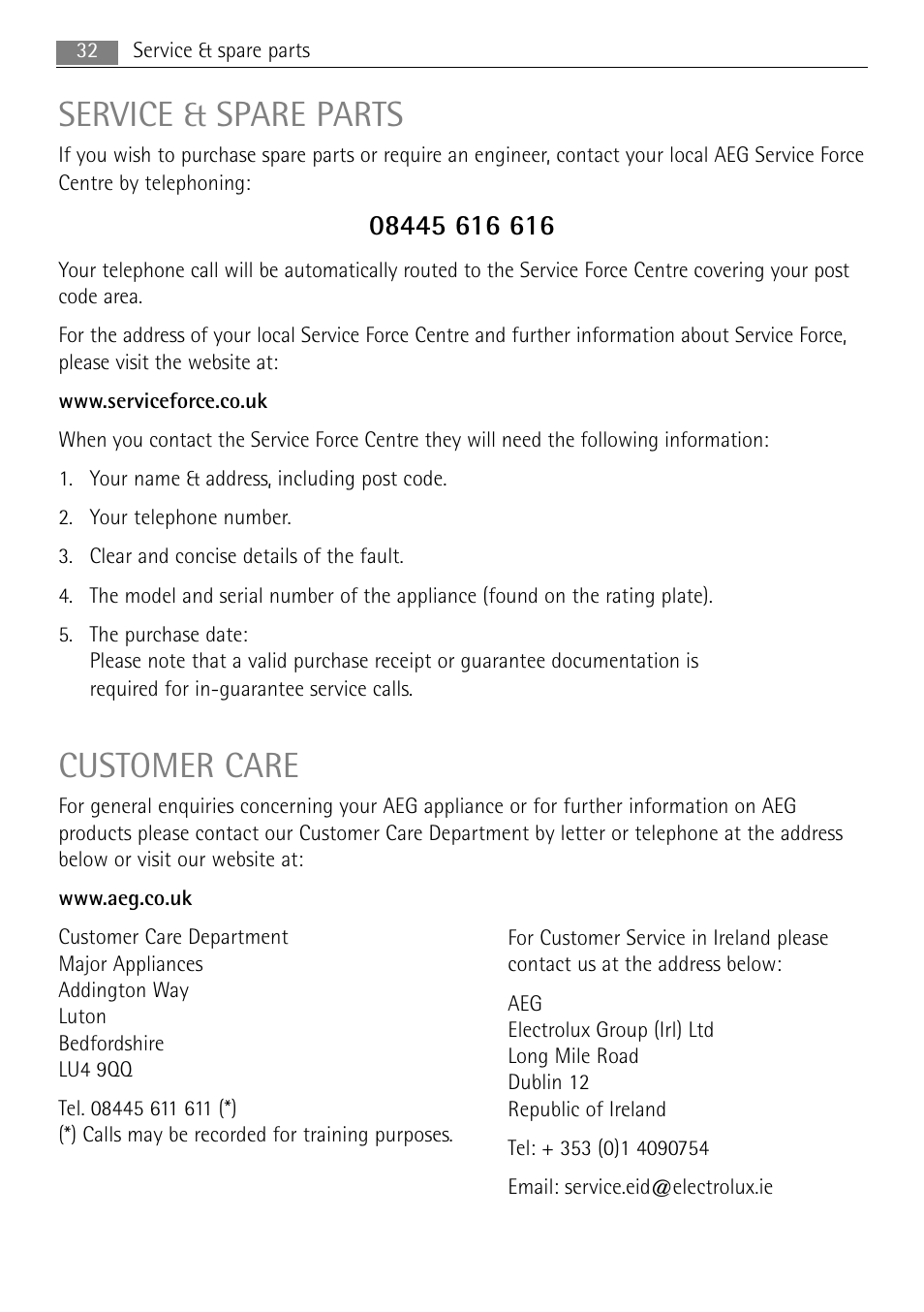 Service & spare parts, Customer care | AEG MC2664E-W User Manual | Page 32 / 36