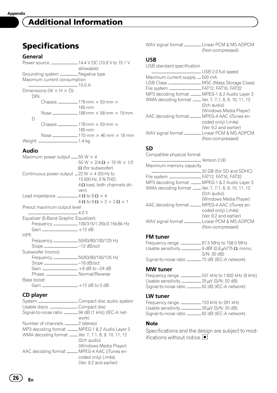Specifications Additional Information Pioneer Deh 00sd User Manual Page 26 28 Original Mode