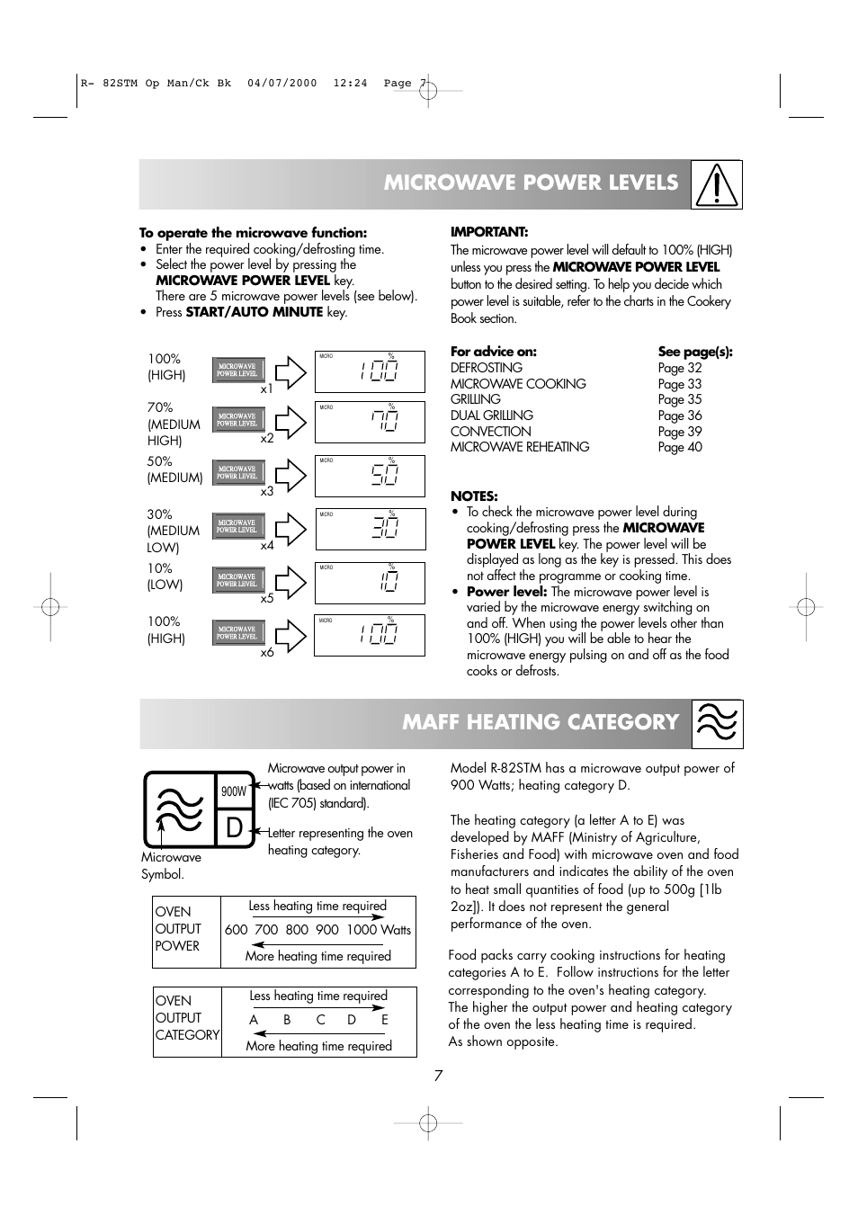Maff heating category, Microwave power levels | Sharp R82STMA User Manual | Page 9 / 68