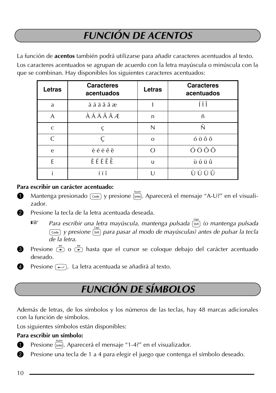 Funcion De Acentos Funcion De Simbolos Brother P Touch Pt 1750 User Manual Page 50 68 Original Mode