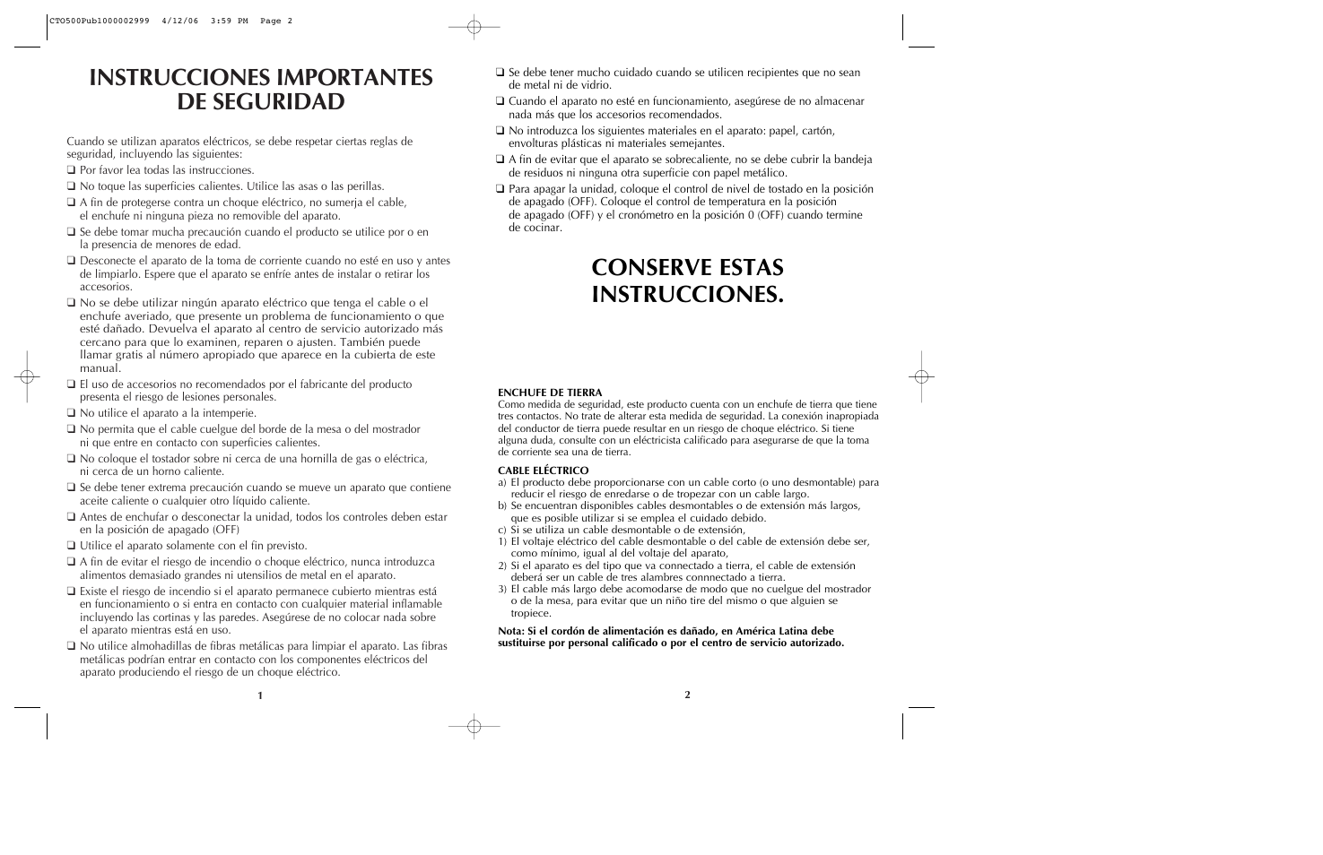 Instrucciones importantes de seguridad, Conserve estas instrucciones | Black  \u0026 Decker CTO500 User Manual | Page 2 / 9