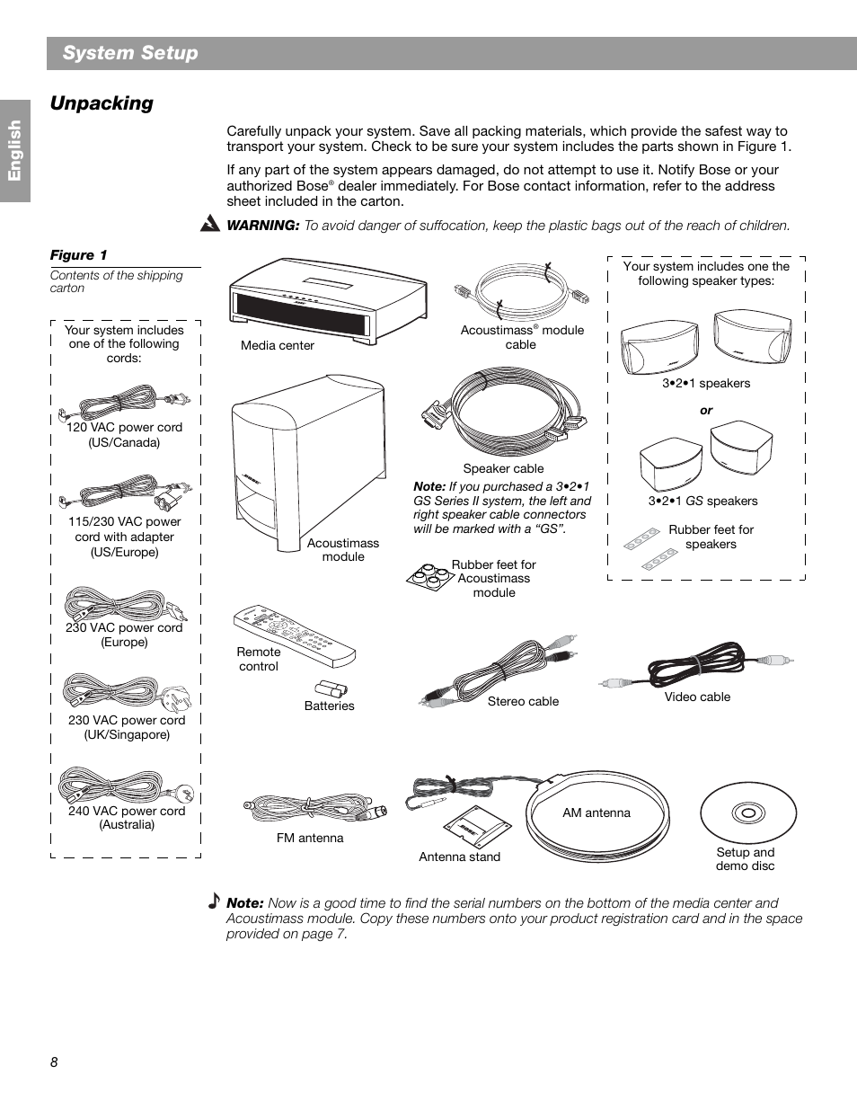 De er Nu lade System setup unpacking, En glis h | Bose 3.2.1 GS Series II User Manual |  Page 8 / 180 | Original mode