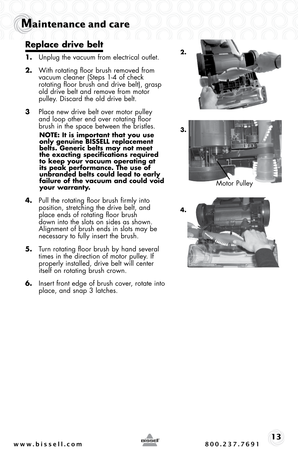 Aintenance and care, Replace drive belt | Bissell PET HAIR ERASER 3920 User Manual | Page 13 / 20