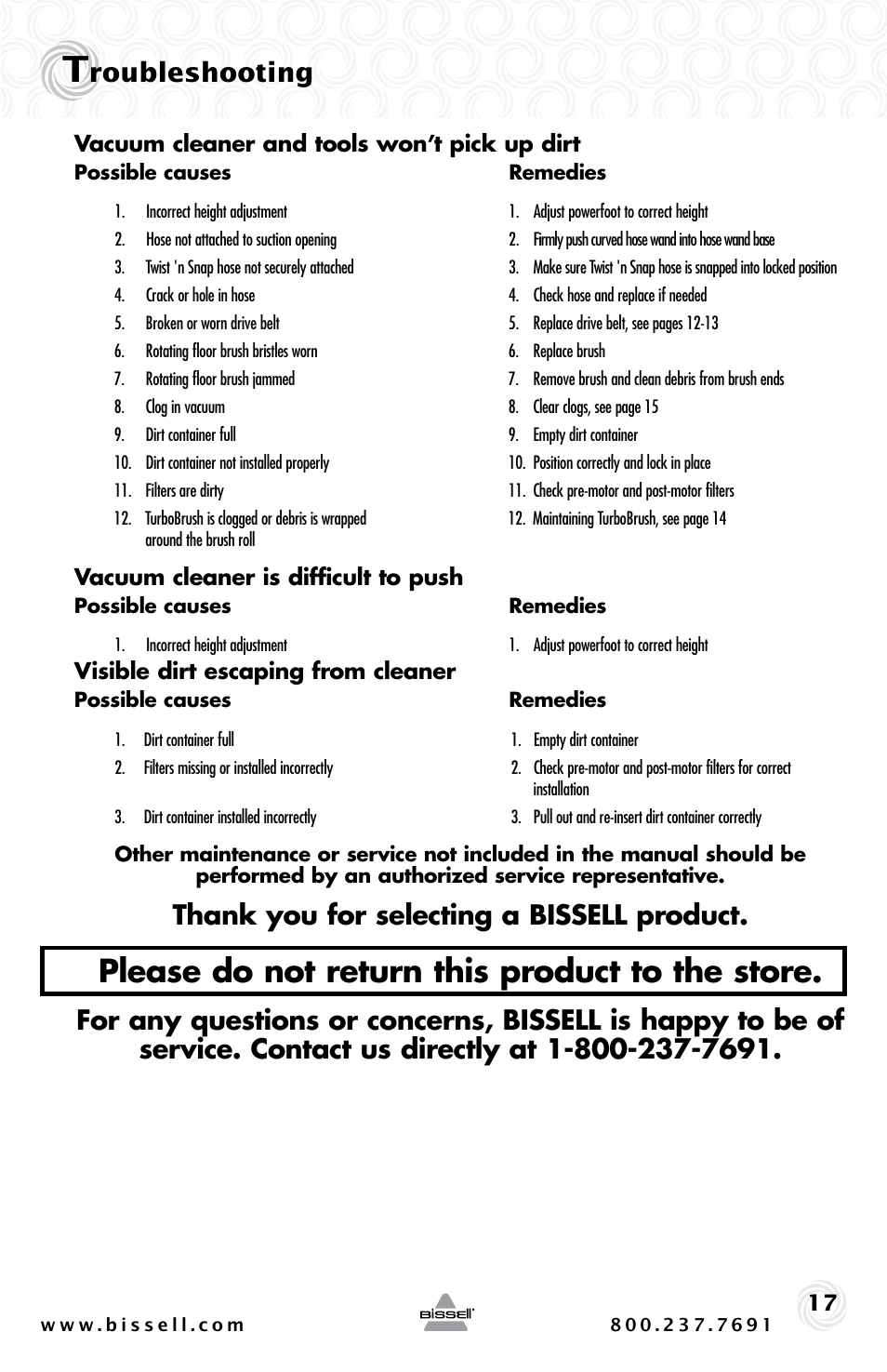Please do not return this product to the store, Roubleshooting | Bissell PET HAIR ERASER 3920 User Manual | Page 17 / 20