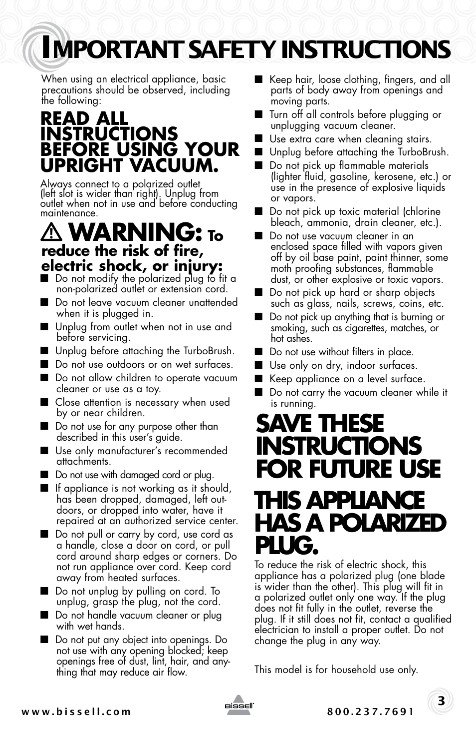 Mportant safety instructions, Warning | Bissell PET HAIR ERASER 3920 User Manual | Page 3 / 20
