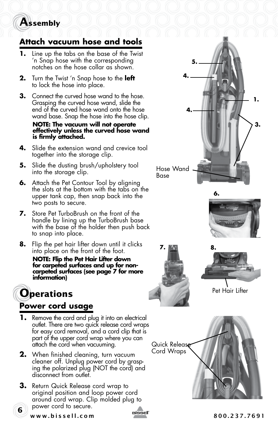 Perations, Attach vacuum hose and tools, Power cord usage | Bissell PET HAIR ERASER 3920 User Manual | Page 6 / 20