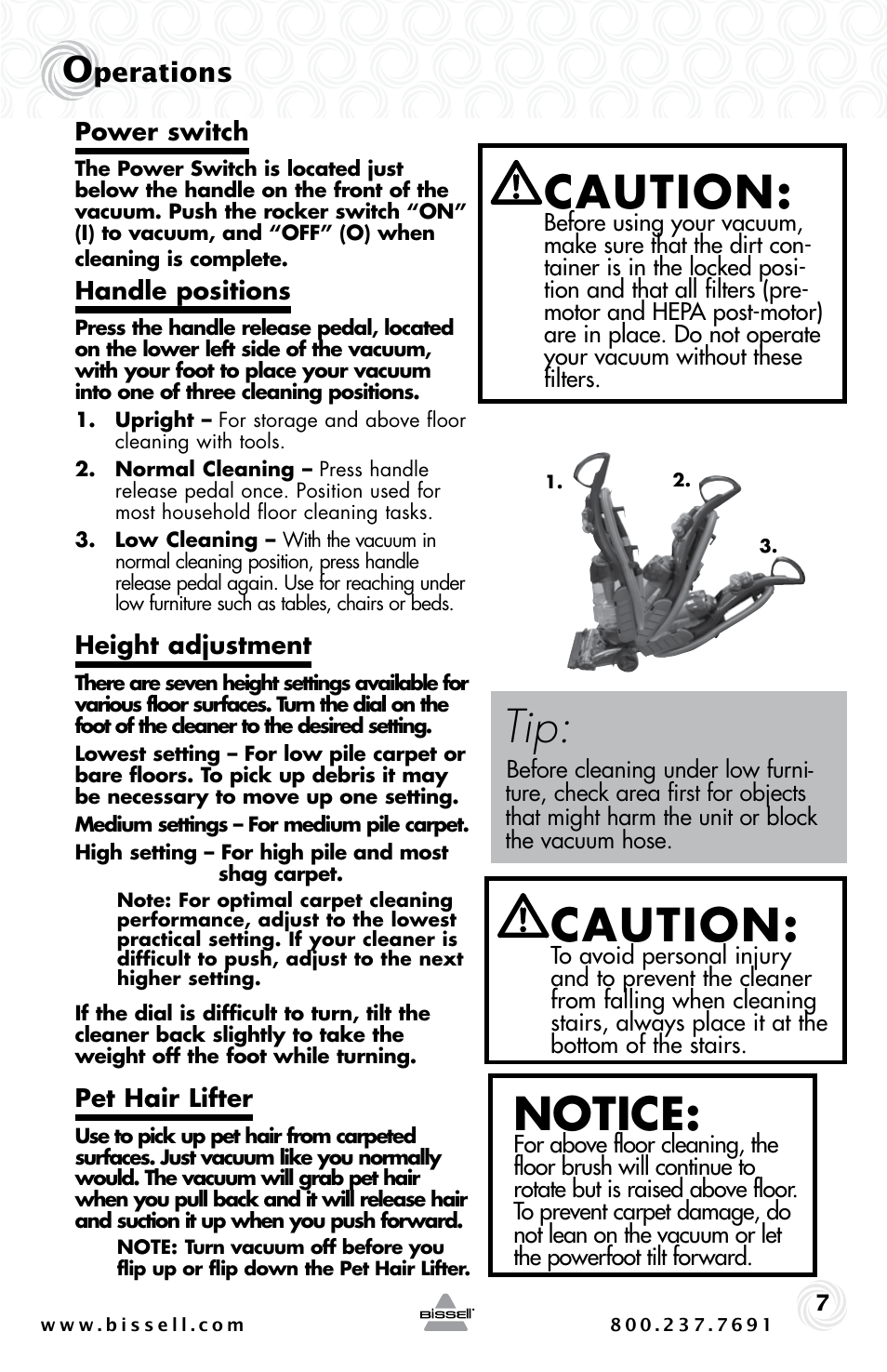 Notice, Caution, Perations | Bissell PET HAIR ERASER 3920 User Manual | Page 7 / 20