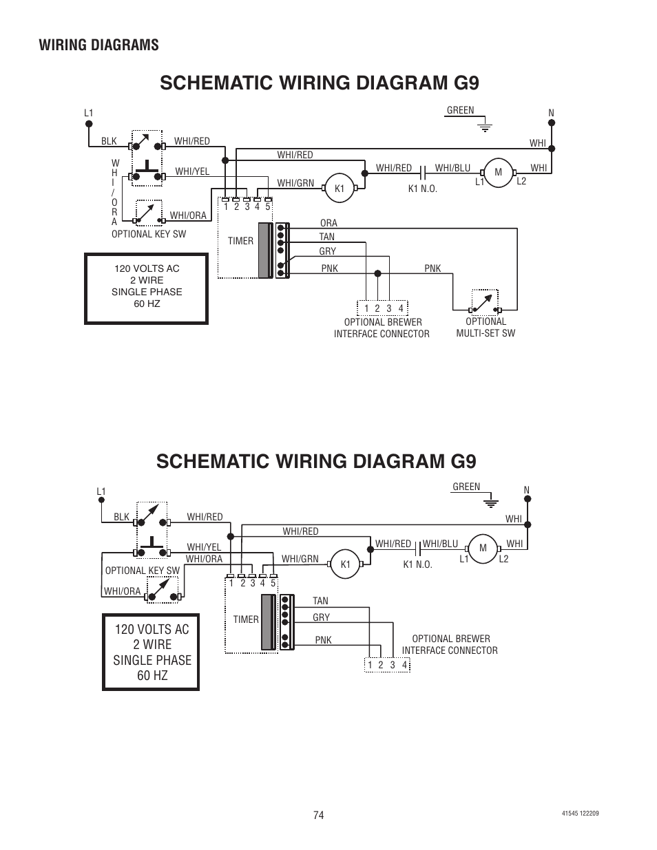 Schematic wiring diagram g9, Wiring diagrams | Bunn G9-2T DBC User Manual |  Page 74 / 79 | Original mode