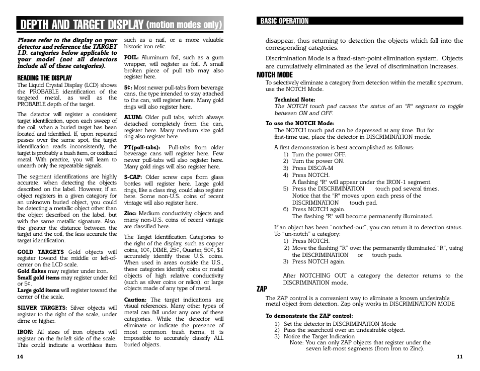 Depth And Target Display Motion Modes Only Bounty Hunter Discovery 3300 User Manual Page 11 12 Original Mode