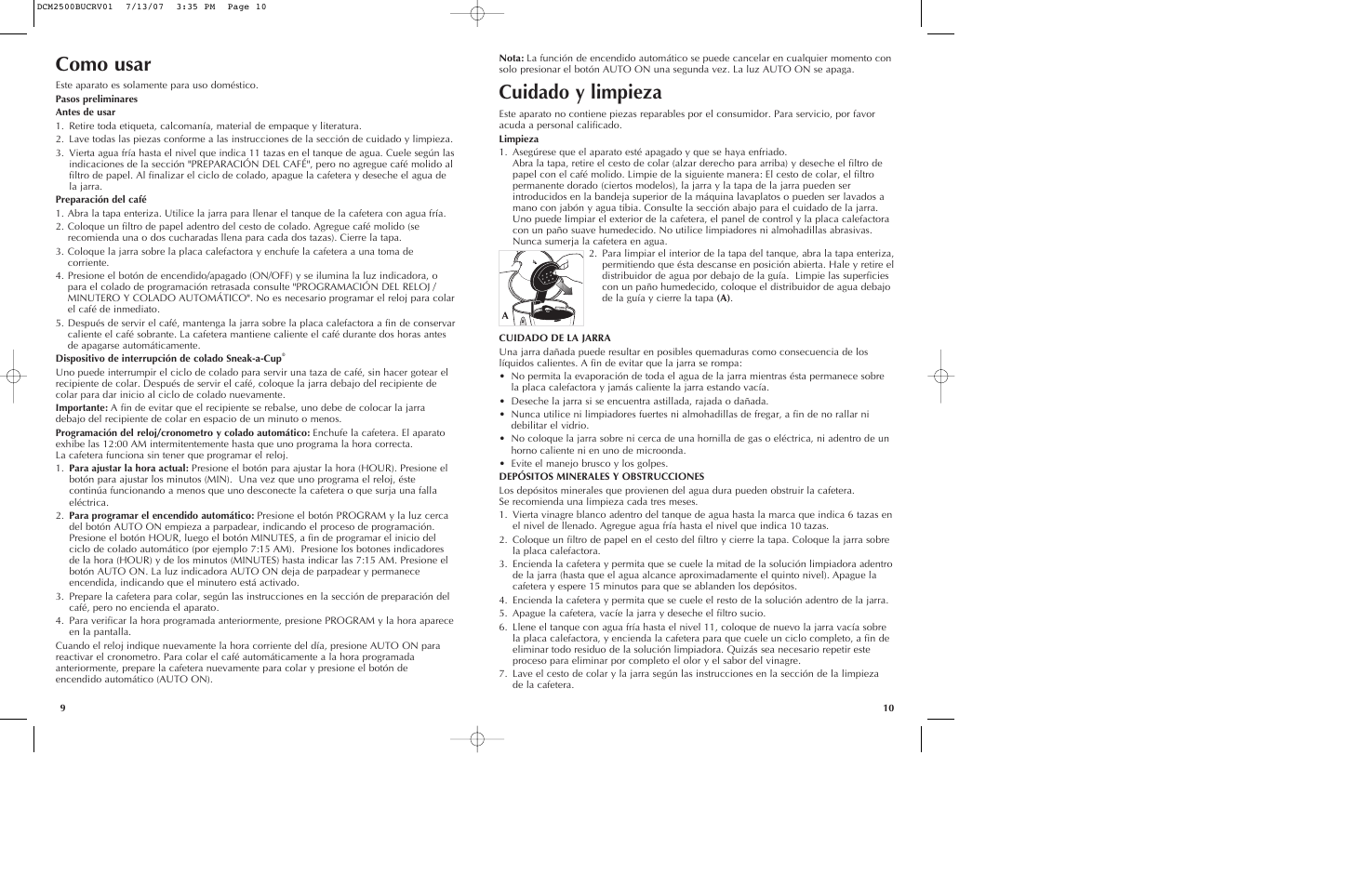 Como usar, Cuidado y limpieza | Black \u0026 Decker SmartBrew DCM2500K User  Manual | Page 6 / 13