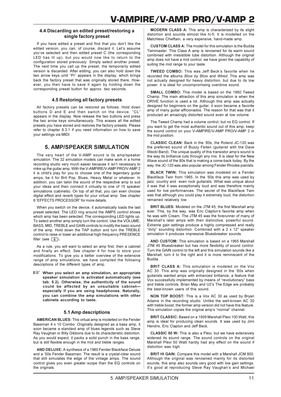 V Ampire V Amp Pro V Amp 2 Amp Speaker Simulation 5 Restoring All Factory Presets Behringer V Amp Pro User Manual Page 11 19 Original Mode V Ampire V Amp Pro V Amp 2 Amp Speaker Simulation 5 Restoring All Factory Presets Behringer V Amp Pro User Manual Page 11 19 Original Mode
