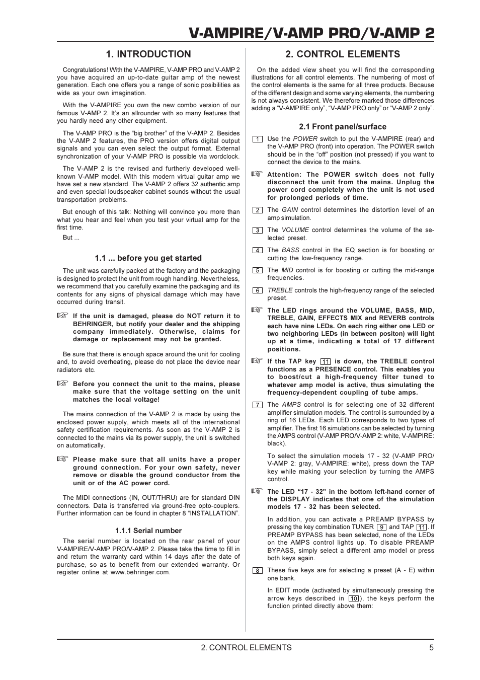V Ampire V Amp Pro V Amp 2 Control Elements Introduction Behringer V Amp Pro User Manual Page 5 19 Original Mode V Ampire V Amp Pro V Amp 2 Control Elements Introduction Behringer V Amp Pro User Manual Page 5 19 Original Mode