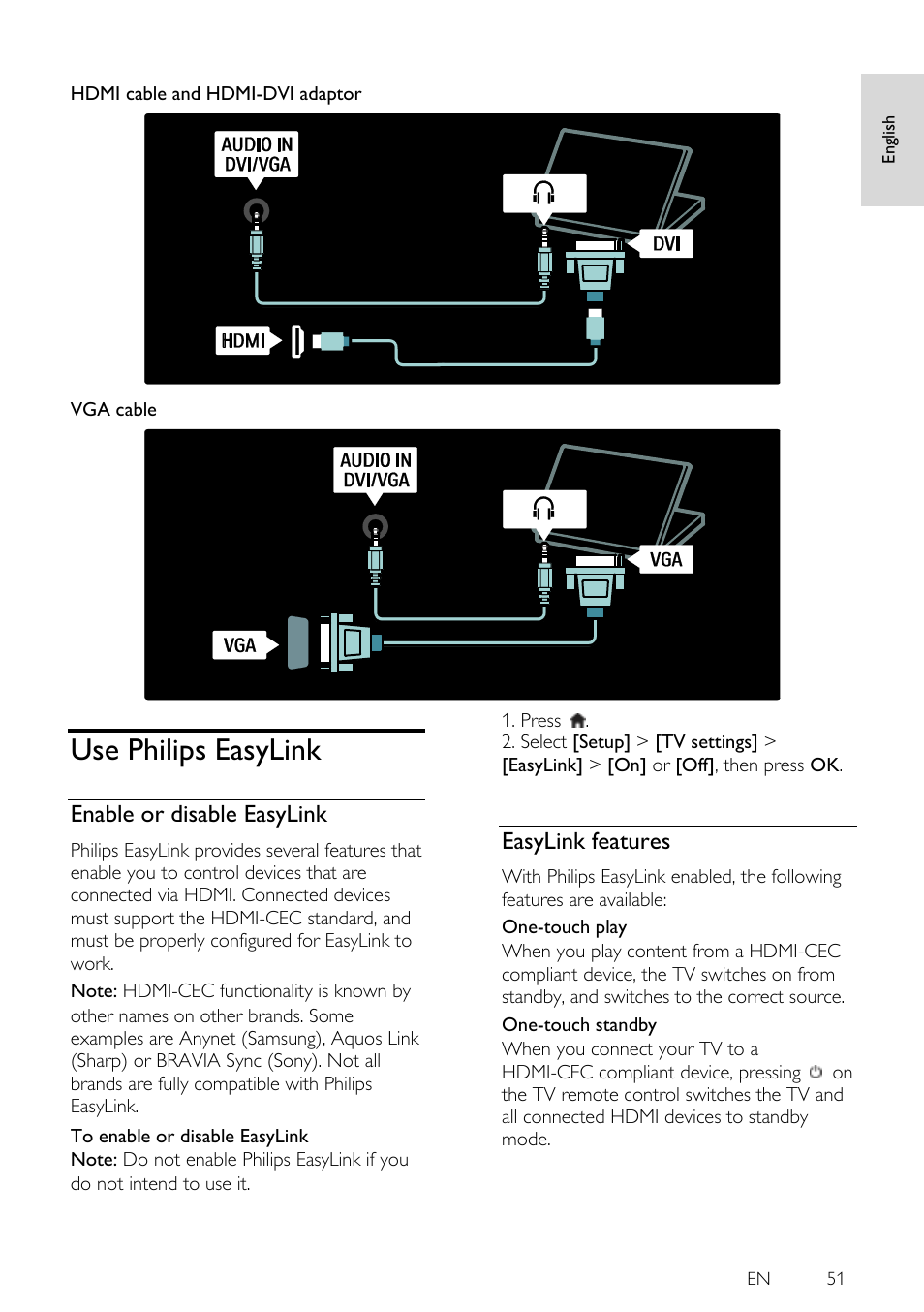 Afskedige Encyclopedia Botanik Use philips easylink, Enable or disable easylink, Easylink features |  Philips 46PFL5605H-12 User Manual | Page 51 / 65