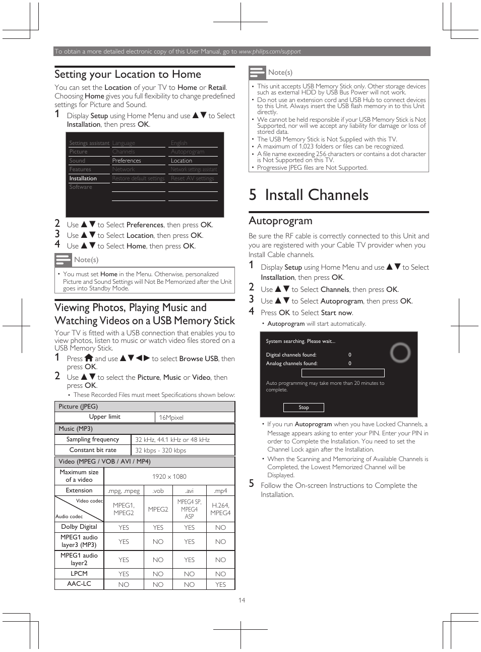 5 install channels, Setting your location to home, Autoprogram