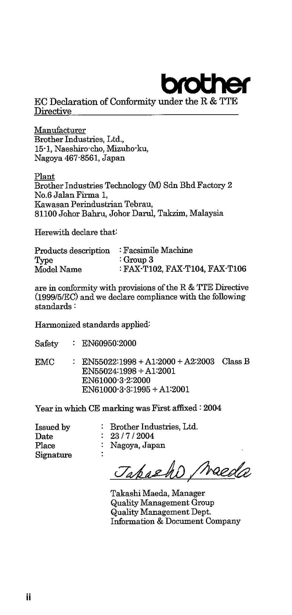 Brother FAX-T104 Series User Manual | Page 4 / 120 | Original mode