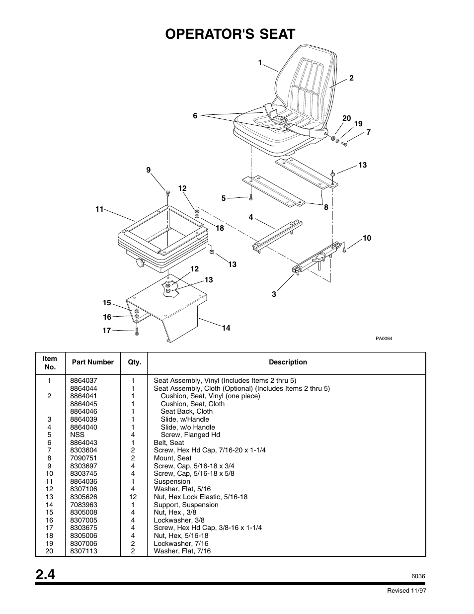 Operator's seat | SkyTrak 6036 Parts Manual User Manual | Page 18 / 300