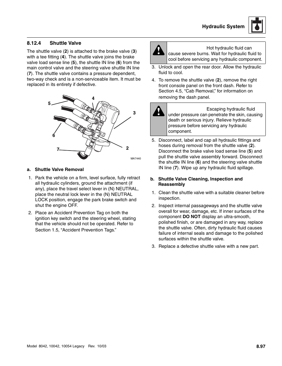 4 shuttle valve, Shuttle valve, Warning | SkyTrak 8042 Service Manual