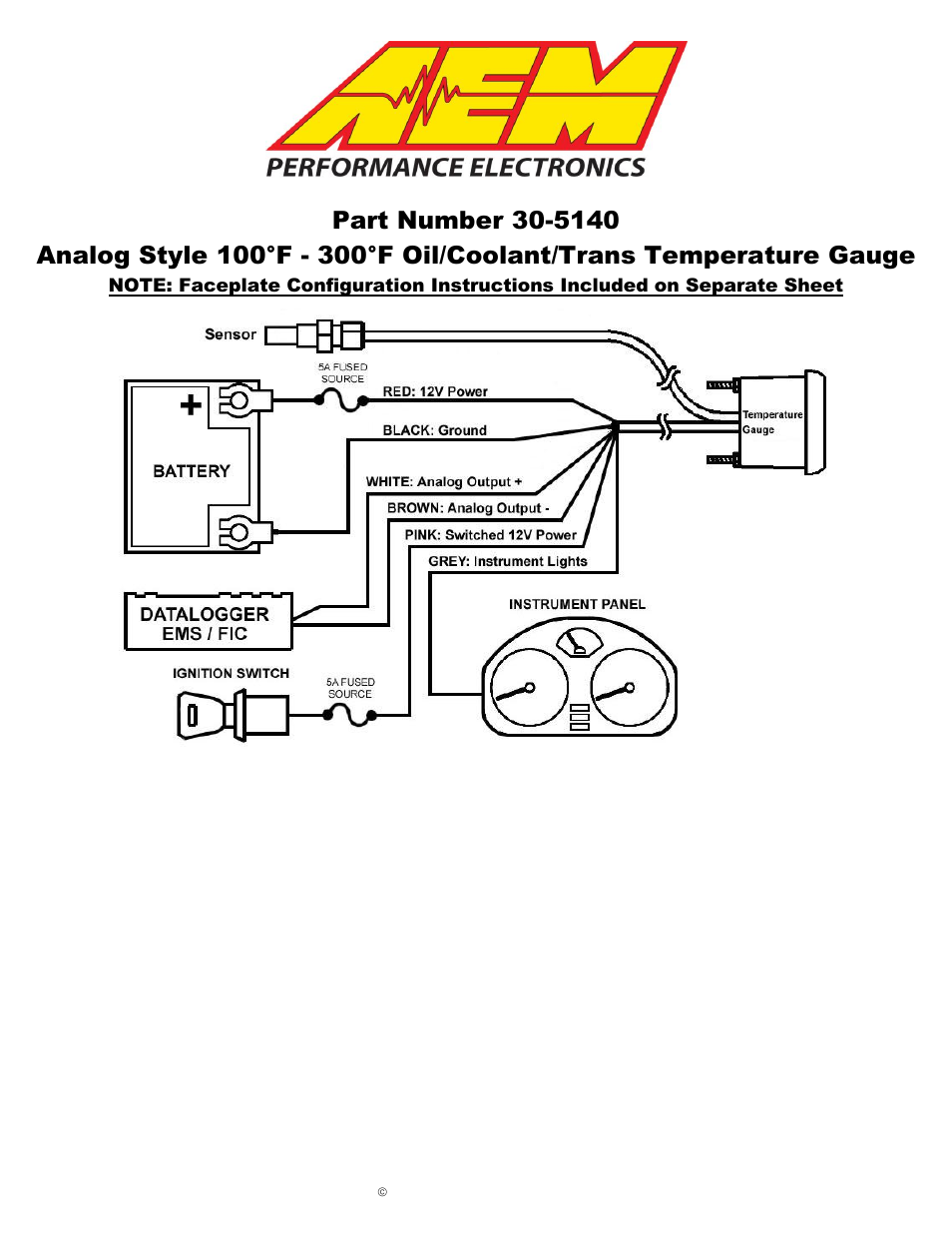 AEM 30-5140M Analog Oil Transmission Water Temperature Metric Gauge User Manual | 6 pages