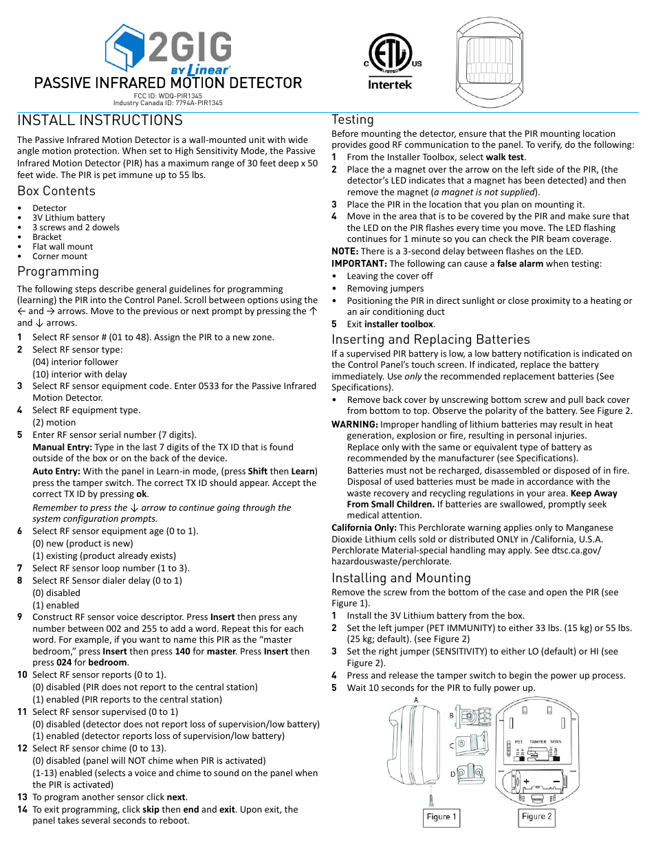 2GIG PIR1-345 User Manual | 2 pages