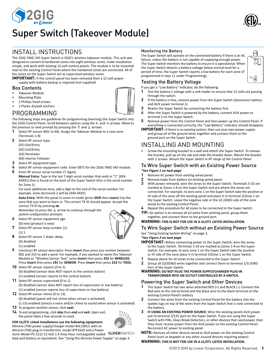 2GIG TAKE-345 Super Switch User Manual | 4 pages