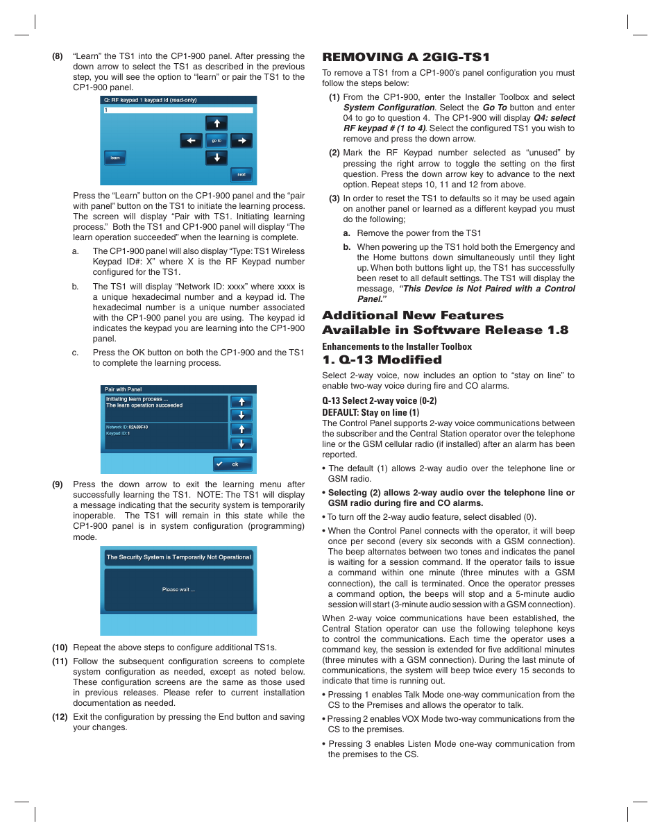 Removing a 2gig-ts1, Q-13 modifi ed | 2GIG TS1-E v1-8 Addendum User Manual | Page 2 / 4