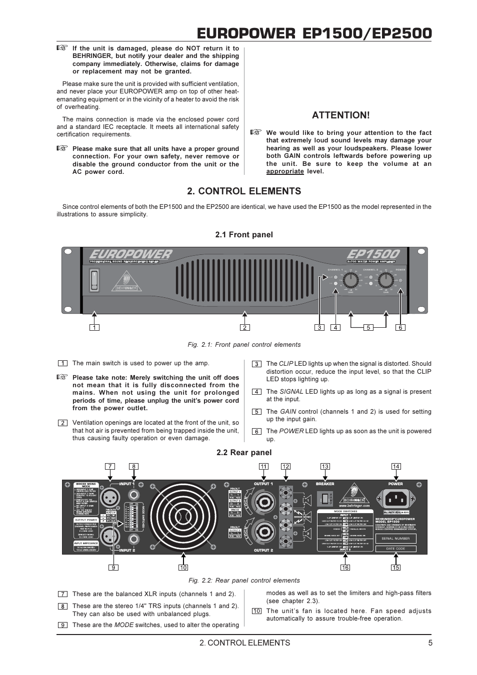 Attention Control Elements Behringer Ep 1500 User Manual Page 5 12 Attention Control Elements Behringer Ep 1500 User Manual Page 5 12