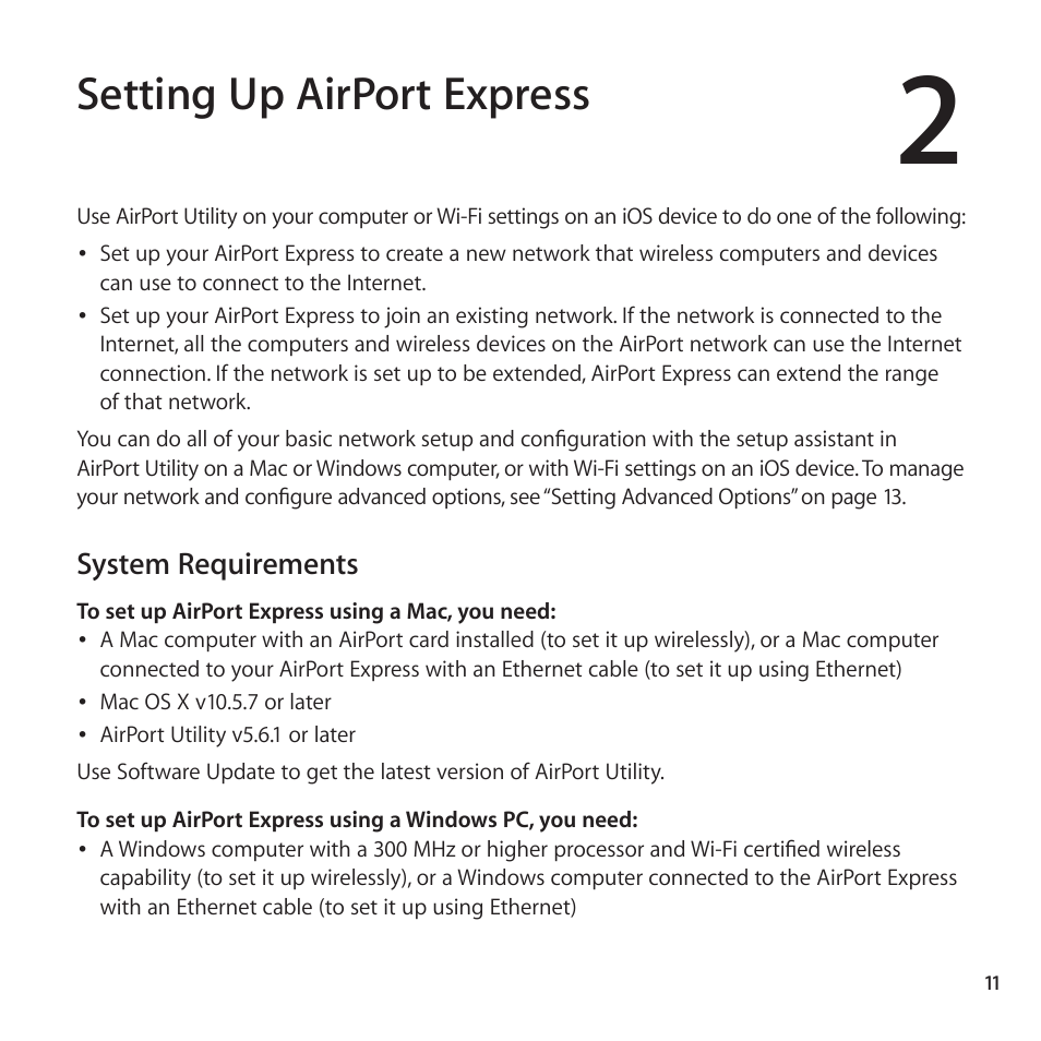 Setting up airport express, System requirements | Apple AirPort Express   (2nd Generation) User Manual | Page 11 / 32 | Original mode