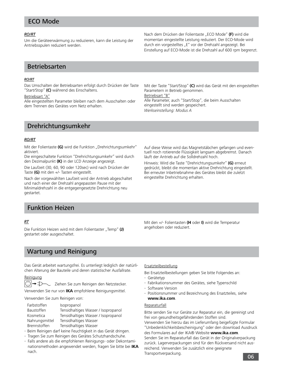 Funktion heizen eco mode, Drehrichtungsumkehr, Betriebsarten | Wartung und reinigung | IKA RO 15 User Manual | Page 6 / 40