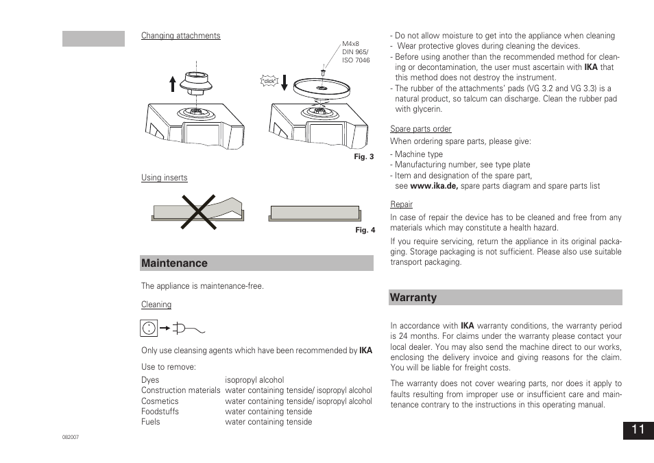 Warranty, Maintenance | IKA VORTEX 3 User Manual | Page 11 / 36