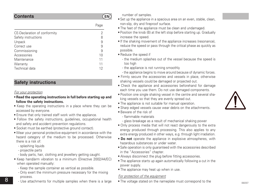 Contents safety instructions | IKA VORTEX 3 User Manual | Page 8 / 36