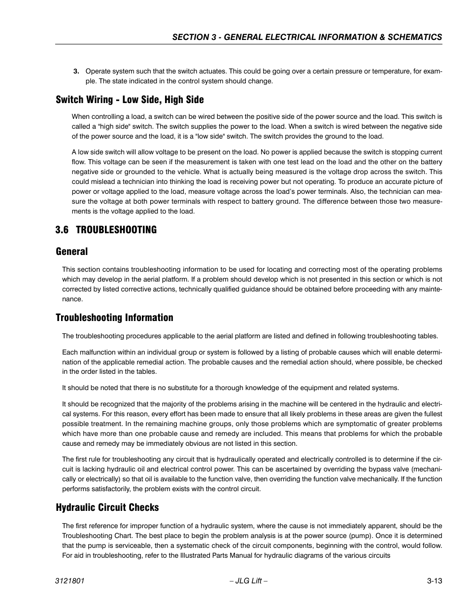 Switch wiring - low side, high side, 6 troubleshooting, General | JLG